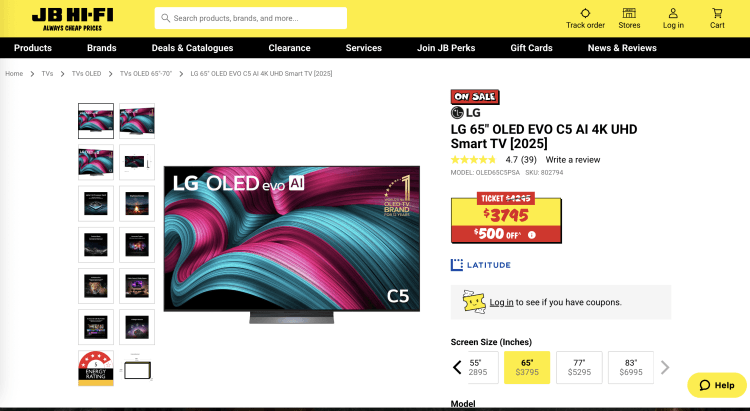 JB Hi-Fi: LG 65″ OLED EVO C5 AI 4K UHD Smart TV [2025] – was $4295, now $3795